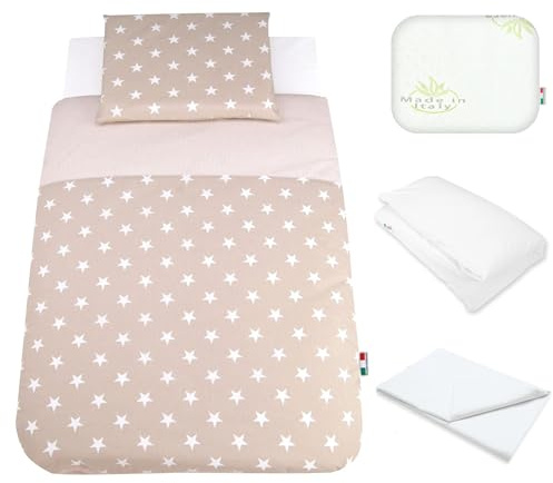 Babysanity Lenzuola Next To Me Compatibili 5 pezzi: Cuscino Neonato Federa Cuscino Piumino Copripiumino Lenzuolo Angoli per Culla Lettino Neonato Chicco Kinderkraft Cam Brevi OEKO-TEX (Stella B)