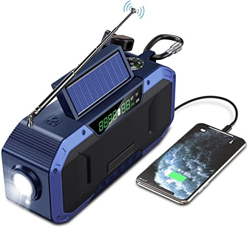 Radio à Manivelle Solaire, 5000 Mah Rechargeable par Usb Powerbank Dynamo à Manivelle, Radio Météo Am Fm Portable Équipement de Survie D'Urgence Pour Voyage, Bivouac, Camping en Plein Air, C-F, Ble