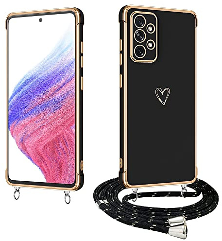 E-Lush Handyhülle für Samsung Galaxy A53 Hülle mit Band, Herz Love Galvanik Silikon Handy Hülle für Samsung Galaxy A53 6.3 Schutzhülle mit Kordel zum Umhängen Kameraschutz Stoßfeste Case, Schwarz