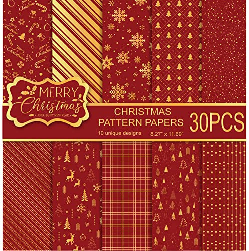 MIAHART 30 Blatt Weihnachtsmusterpapier-Set, A4-Format, Rot und Gold, Festival, dekoratives Bastelpapier, doppelseitig für die Kartenherstellung, Sammelalbum, 10 Designs