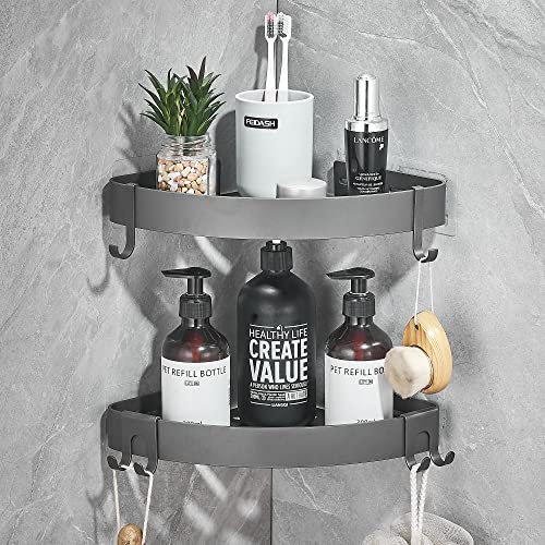 TRUSTLIFE Bathroom Corner Shelf Black Adhesive Shower Caddy Organiser Space Aluminum Wall Mounted Bath Shelves No Drilling with Hooks for Wetroom - 2 Pack (Grey)