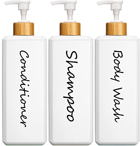 GMISUN Shampoo and Conditioner Dispenser, Refillable White Shampoo and Conditioner Bottles with Bamboo Pump, Modern Bathroom Shower Bottles Set for Shampoo Conditioner Body Wash, 3 Pack