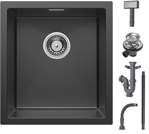 CECIPA Spülbecken Schwarz 40x44cm, Spüle Schwarz Anthrazit, Küchenspüle Edelstahl Rechteckig, Moderne Edelstahlspüle Einbauspüle Klein, Waschbecken Küche ab 40er Unterschrank, 1 Becken ohne Hahnloch