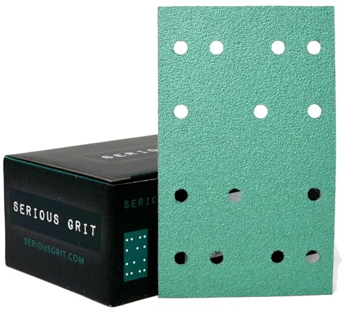 Serious Grit - 3 x 5 (80mm x 133mm) 14-Hole 120 Grit Sanding Sheets - Fits Festool RTS 400 & Mirka Deos 353 - Heavy-Duty Hook & Loop Film Abrasives - Sandpaper for Sheet Sanders - 50 Pack Box