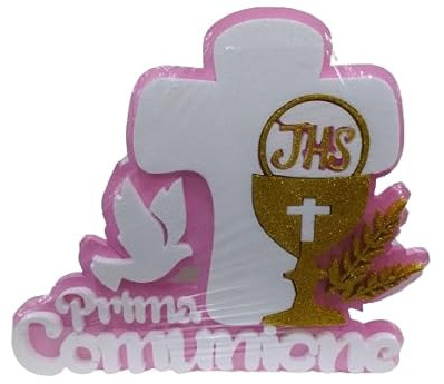 Scritta Prima Comunione con Croce e Calice Fondo Rosa Decorazioni Centrotavola 35 x 25 x 5 cm.