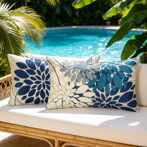 Azul Marino Fundas de Cojines 30x50 CM Exterior Dalia Fundas Cojines Impermeable Funda Cojin Exterior Decorativo Verano Sofa Moderno Lino por Salon Jardín Sofá Cojines Decoración 2 Piezas