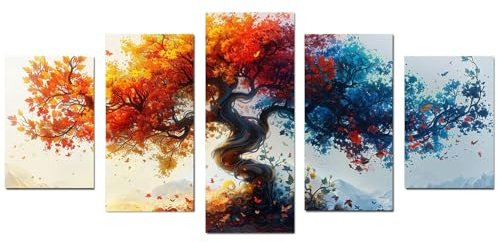 JOSUE 5-teiliges Set Wanddeko Baum Abstrakte Landschaft Leinwand Bilder,Gelb, Blau Bild Wandbilder Wohnzimmer Schlafzimmer Wanddeko-100x200cm Ungerahmt