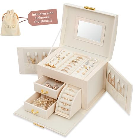 SUYAY Schmuckkästchen für Damen und Mädchen, Schmuckaufbewahrung mit Jewelry Bag, Schmuck Organizer für Ringe, Ketten, Ohrringe, abschließbarer Schmuckkasten modern mit Spiegel in Weis/Perle