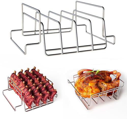 KIKIBRO Turkey Roasting Rack, Rib Racks for Grilling and Smoking, Stainless Steel Turkey Rack for Large Big Green Egg and Kamado Joe, 4 Slot Rib Rack, 11.1 x 10.75