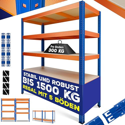 MASKO® Schwerlastregal Lagerregal Kellerregal 180x160x60cm, 1500kg belastbar, 5 verstellbare Ablagen, MDF-Platten Regal aus Metall, Steckregal, Werkstattregal Stahlgestell Garage Werkbank Blau/Orange