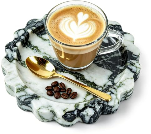 WORHE Marble Vanity Tray, Scalloped Round Candle Tray Calacatta Viola Green | for Jewelry, Perfume, Makeup -Jewelry Dish Natural Decorative Bathroom Tray for Elegant Dresser Home Decor (WH049)