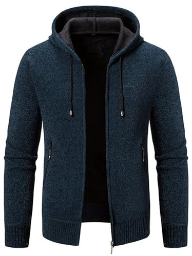Jinsha Uomo Cardigan Lavorato Maglia Maglione - Classico Fashion con Cappuccio con Cerniera Grossa Caldo Foderato in Pile Autunno Primavera Invernale Maglione Giacca Uomo Grigio Blu L