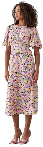 Dorothy Perkins Pink Floral Flutter Sleeve Shirred Waist Midi Dress, 16, Pink