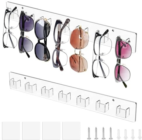 JABNOW 2 Stück Brillenaufbewahrung Wand, Acryl Brillenablage Wand, Sonnenbrillen Organizer Wandmontage Mit 7 Fächer, Brillenaufbewahrung Mehrere Brillen Wand, zum Aufhängen der Brille, Transparent