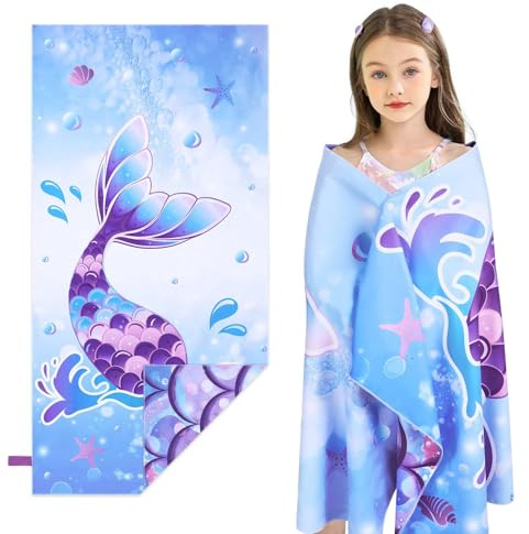 WERNNSAI Asciugamano da spiaggia per bambini, a forma di sirena, double-face, 76 x 150 cm, per spiaggia, piscina, bagno, bagno, ad asciugatura rapida, ultra assorbente, super morbido, ideale come