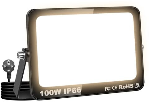 RIGIDON 100W Projecteur Exterieur, 10000LM Spot Led Extérieur avec Prise | 3000K Blanc Chaud, IP66 Imperméable Éclairage de Sécurité, Projecteur Led pour Jardin Patio Cour Garage Entrée Allée