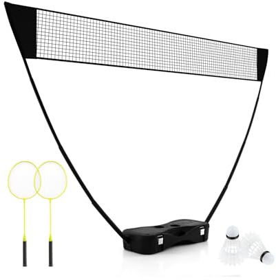 GYMAX Set di Rete da Badminton Portatile con Base di Archiviazione, Set da Badminton All-In-One con 2 Racchette da Badminton e 2 Volani per Giardino, Spiaggia, Giochi con la Palla (Nero)