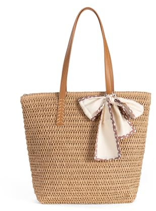 boshiho Stroh Strandtasche Groß Damen - Korbtasche Geflochten mit reißverschluss, 2025 Boho Basttasche Shopper für Reisen&Urlaub