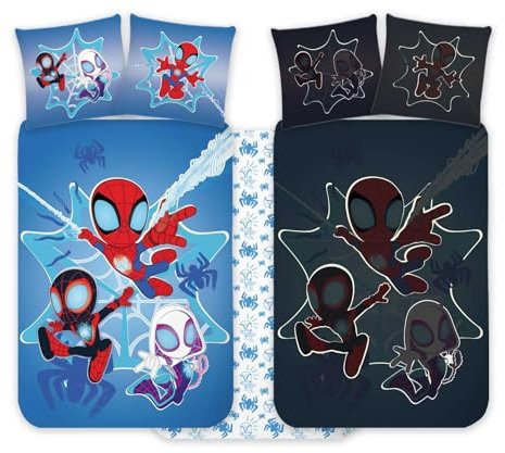 Spidey Parure de lit pour bébé 100 x 135 cm + taie d'oreiller 40 x 60 cm, 100 % coton | Parure de lit phosphorescente parfaite pour les enfants | Spiderman douce et réversible pour garçons et filles
