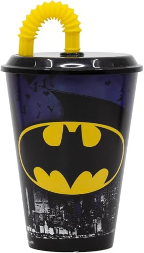CARTOON Bicchiere con cannuccia per bambini, bicchiere in plastica riutilizzabile semirigida BPA Free capacità 430 ml (Batman)