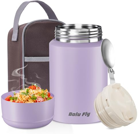 Bolu Fly 18oz Insulated Food Container with Spoon & Insulated Bag, Soup Thermo for hot Food- 10-Hour Heat Retention, Leak-Proof Stainless Steel Lunch Thermo for Adults, Office, Travel(Purple)