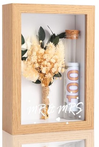 Regalos para novios: caja de madera, vaso de tubo de ensayo de plástico, flores secas, dinero