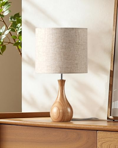 GOEBLESON Table Lamp, Wood Desk Lamp with Bottle-Shaped Base & Linen Lampshade, Bedside Lamp with Cable, E27 Base, 2700K LED Bulb Included, for Living Room, Bedroom, Beige and Natural ZME09TLK05N1