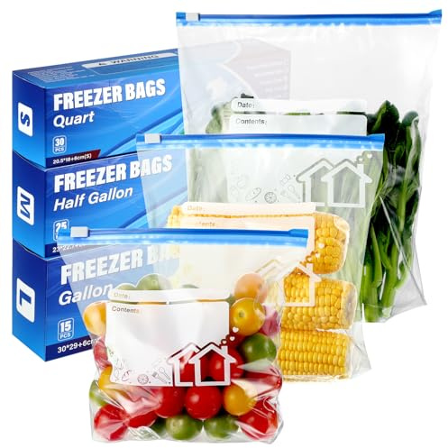 70 Pcs Zip Lock Bags, 3 Sizes Freezer Bags (4.55L, 2.27L, 1L), Reusable Heavy Duty Food Bag with Expandable Bottom, Ziplock Sandwich Bag for Fruits, Veggies, Meat, Snacks