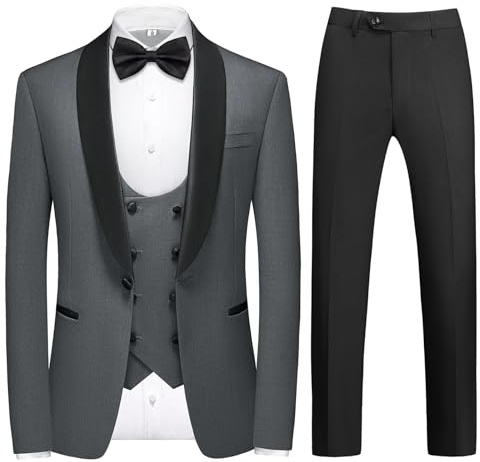 KUDMOL Mens Suit 4 Piece Tuxedo One Button Blazer Vest Trousers Set with Bow Tie for Prom Wedding Party(Dark Grey,M)