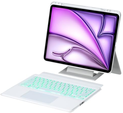 FIABANO Trådlöst Bluetooth-tangentbord med fodral för iPad Air 13 tum (M2/M3/M4), avtagbart bakgrundsbelyst tangentbord – TrackPad-mus – Justerbart stativ för stående/liggande läge