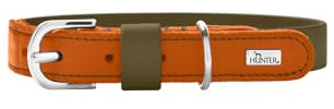 HUNTER Hundehalsband WOLMAR aus BioThane® und Leder, robust, wasserabweisend, pflegeleicht, Kontrastnaht, Made in Germany, Farbe: Khaki/orange, Größe: 55