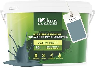 Veluxis Wandfarbe Blau Grau Petrol matt 2,5 L – Typical Trout | Innenfarbe mit Deckkraft Klasse 1, VOC-frei, ohne Grundierung, tropfarm, für Wohnzimmer und Schlafzimmer