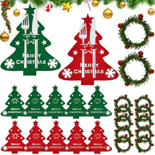 Zuxbolf Porta Cubiertos Navidad,12 Piezas Porta Cubiertos Navideños Bolsas con 12 Anillo de Servilleta Navideño Cestas para Cubierto de Fieltro Navideño Arbol Navidad para Decoración Mesa de Navidad