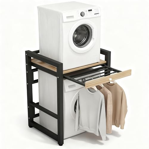 Zertylre Waschmaschinenregal Waschmaschine Trockner Schrank mit Trocknungsstab über Waschmaschinen,350kg Tragfähigkeit Waschturm Waschmaschinenschrank für Badezimmer Balkon 73x63x103cm(Schwarz)