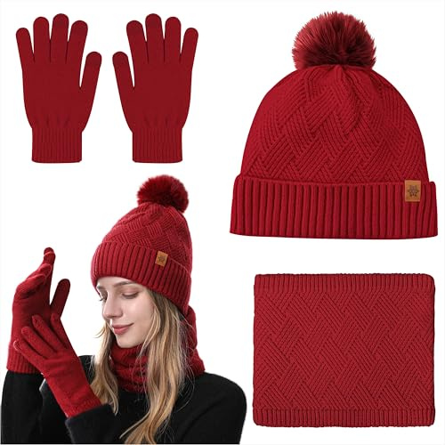 Qzakce Damen Mütze Schal und Touchscreen Handschuhe Set Winter Wärmer Fleece Stricken Beanie Mütze Schal Winterhandschuhe Weihnachten Geschenk für Frauen Mädchen Damen