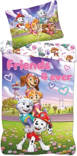 BrandMac Parure de lit Pat' Patrouille Junior | Housse de Couette 100×135 cm + taie d'oreiller 40×60 cm, Linge de lit en Coton Doux pour Tout-Petits (Multicolore Paw Patrol)
