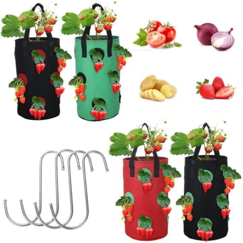 Garden Planting Container with Hook: 4 Pcs Nonwoven Strawberry Grow Bag, Fabric Grow Bag