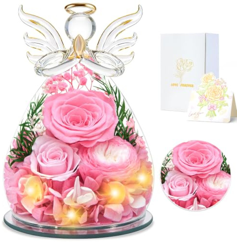 YiHuaHua Ewige Rose Engel Geschenke für Mama, Geburtstagsgeschenk für Frauen, Engel Figur Mutter Oma Freundin Geschenk Valentinstag Jahrestag Sie, Geschenk Muttertag Ewige Blume mit LED-Beleuchtung