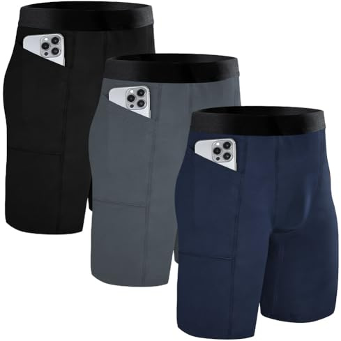 AUYAO Pantaloncini Compressivi da Uomo, 3 Pezzi Pantaloncini Sportivi da Uomo, Pantaloni Corta Compressione Legging, Pantaloncini da Basket Tennis Estivi da Palestra con Tasche(L)