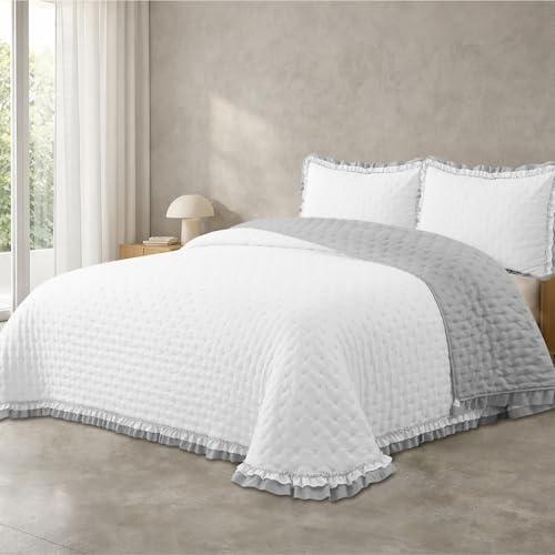 Victorio & Lucchino – Colcha Elvira Bicolor Lavada Termosellada con Doble Volante – Incluye Fundas de Cojín (Blanco/Gris, Cama 150cm)