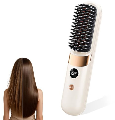 Go Brush Pro UK Cordless Hair Straightening Brush, Rechargeable Portable Styling Comb with 4 Heat Settings, LED Display & Ceramic Technology for Travel and Everyday Use – Cream White
