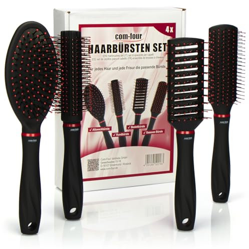 com-four® 4-teiliges Stylingset mit verschiedenen Haarbürsten mit Softgriff - Allzweckbürste, Rundbürste, Skelettbürste, Sassoon Bürste (04-teiliges Set)