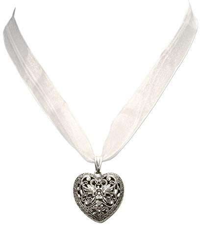 Heimatflüstern Collar de Cinta de Organza con corazón Tradicional - Collar Dirndl de Mujer, Collar de Organza con corazón para Blusa Tradicional, Joyas Dirndl para Oktoberfest (Blanco)