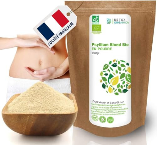 Detox Organica-Psyllium Blond Bio Poudre 500g-Tégument de psyllium Organic-Pur 99%-Riche en Fibres 100% Naturel et Vegan