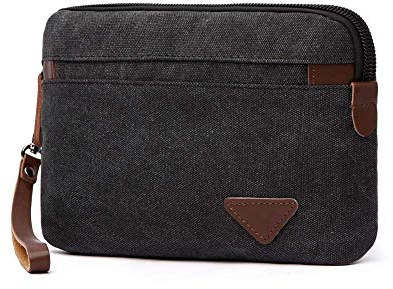 Handgelenk-Handtasche für Herren Canvas Geldbeutel Reißverschluss-Etui Karte Münze Bargeld Telefon Packung Lange Brieftasche Handtasche Gent Pouch Tasche mit Handschlaufe Zubehör Organizer (schwarz)