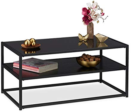 Relaxdays Couchtisch Glas, 2 Ablagen, Metall & Glasplatte, Sofatisch für Wohnzimmer, HxBxT: ca. 42 x 90 x 50 cm, schwarz