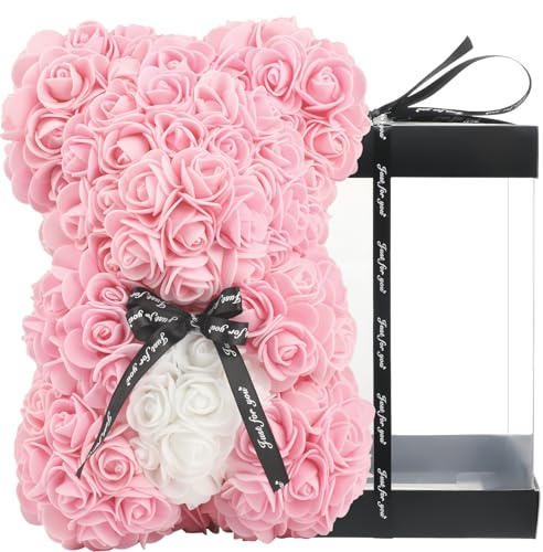 Orso di rose fatto a mano, regalo per lei, amiche, donne, confezione regalo trasparente, 25,4 cm (rosa chiaro)