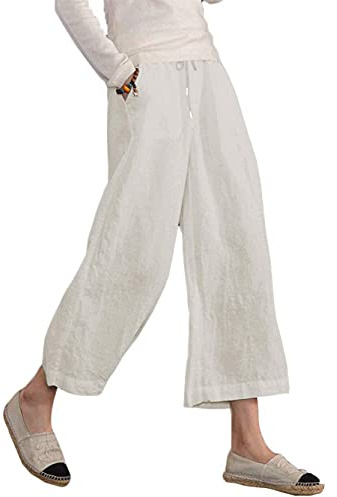 Famulily Plain Linen Trousers Ladies Casual Baggy Straight Leg Palazzo Pants with Pockets White M