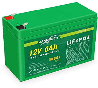 AFTERTECH 12v 6Ah LIFEPO4 PACCO BATTERIA RICARICABILE LITIO FERRO FOSFATO PILA 3000+ CICLI PROFONDI 12,8v 77wh