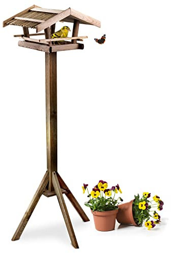 GARTENETAGE Vogelhaus mit Reetdach/Vogelfutterhaus aus Holz/Vogelhaus mit Ständer wetterfest/Vogelhäuschen für Balkon und Garten, handgefertigt/Futterhaus für Vögel